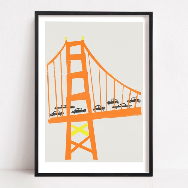 Golden Gate Bridge Print, Quirky Illustrated Print, San Francisco Travel Art, US Cities, Globetrotter Gift, Mid Century Inspired Style, MCM