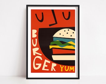 Küchen Poster, Beef Burger Kunst, Retro Food Poster, Mid Century Modern Illustration, Wohnzimmer Dekor, BFF Geschenkidee, Wohnung Kunst, Rot