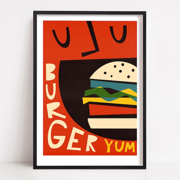 Kitchen Print, Beef Burger Art, Retro Food Poster, Mid Century Modern Illustration, Living Room Decor, BFF Gift Idea, Apartment Art, Red