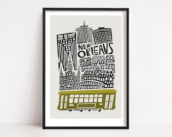 New Orleans Print, Bedroom Wall Art, Louisiana State, City Art, Travel Poster, US City, Jazz City, USA, Streetcar Tram, Husband Gift