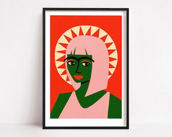Green Woman Witch Print: Green, Pink And Red Feminism Portrait Art