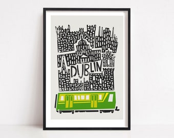 Impression de la ville de Dublin - Poster de voyage rétro en Irlande, idéal pour un mur de galerie. Une collection de monuments de Dublin illustrés dans un style Mid-Century.