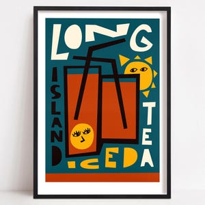 Long Island Iced Tea Cocktail Print, ein Retro-Poster im Mid-Century-Stil, perfekt für die Hausbar, die Küche oder das Bürodekor