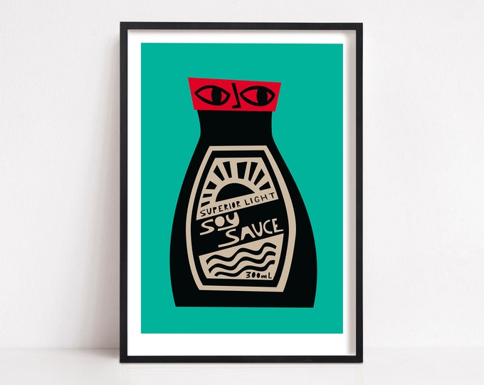 Soy Sauce Print: Mid Century Green Food Poster