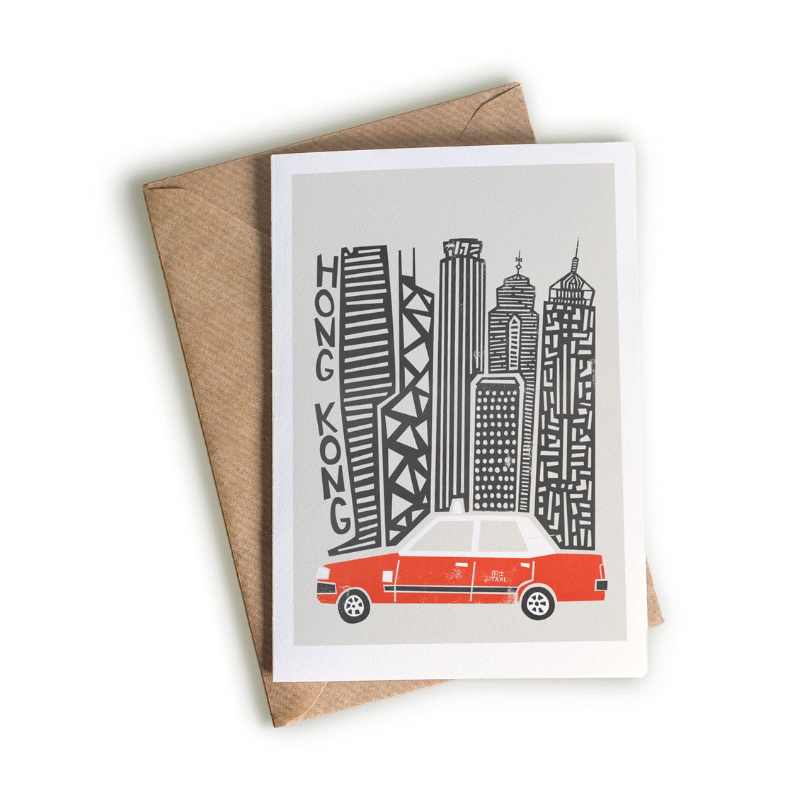 Hong Kong Card A6 Size World Travel Card Taxi Illustration  
