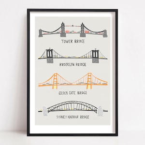 Famous World Bridges Print: Neutral Colour Architecture Art