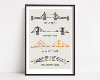 Impression de ponts, affiche des 4 ponts, Londres, New York, San Francisco, Sydney, cadeaux d'architecture, moderne milieu du siècle, illustration d'impressions