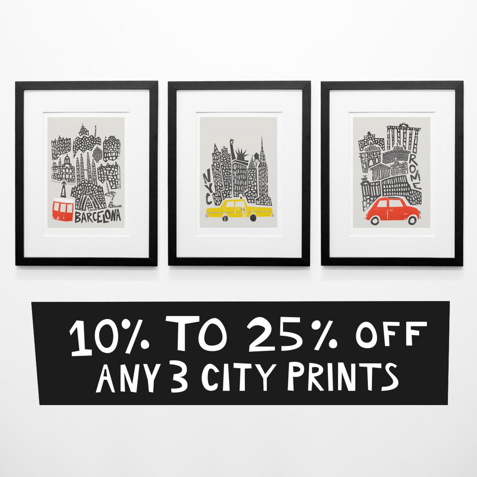 Set of 3 City Prints Living Room Wall Art Housewarming Gift Etsy UK