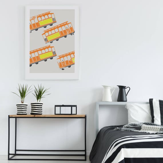 San Francisco Streetcar Print City Themed Retro Style Wall Art Prints For Living Room Orange And Yellow Mid Century Modern Style Decor