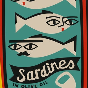 Sardines Art, Retro Can, Fish Lover Gift, Food Idea, Coastal Kitchen Decor, Fish Market, Shoal Poster, Mediterranean Seafood Festival image 2