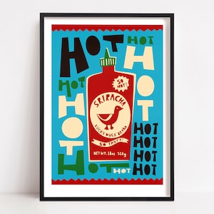 Sriracha Hot Sauce Print, Asian Food Art, Mid Century Modern Kitchen Poster, Chilli Sauce Wall Art, Condiments Kitchen Prints