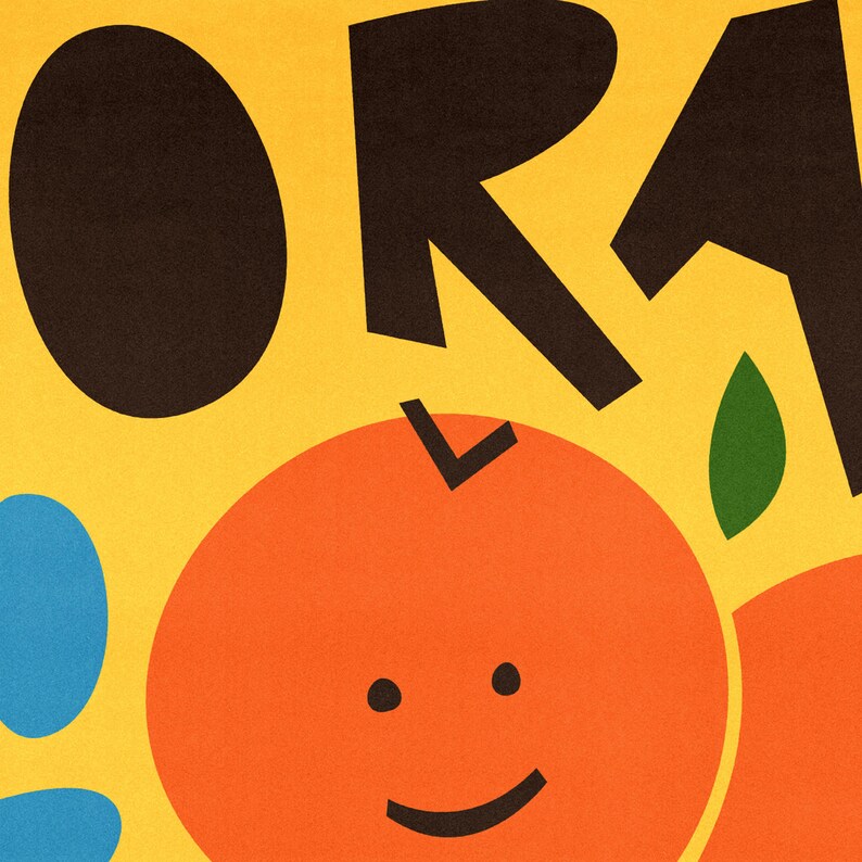 May include: A bright orange circle with a smiling face, surrounded by black, green, and blue shapes on a yellow background. The word "ORA" is partially visible in black letters.