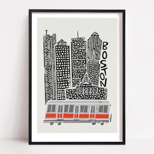 Boston City Print With Grey Train: Travel Art for Home