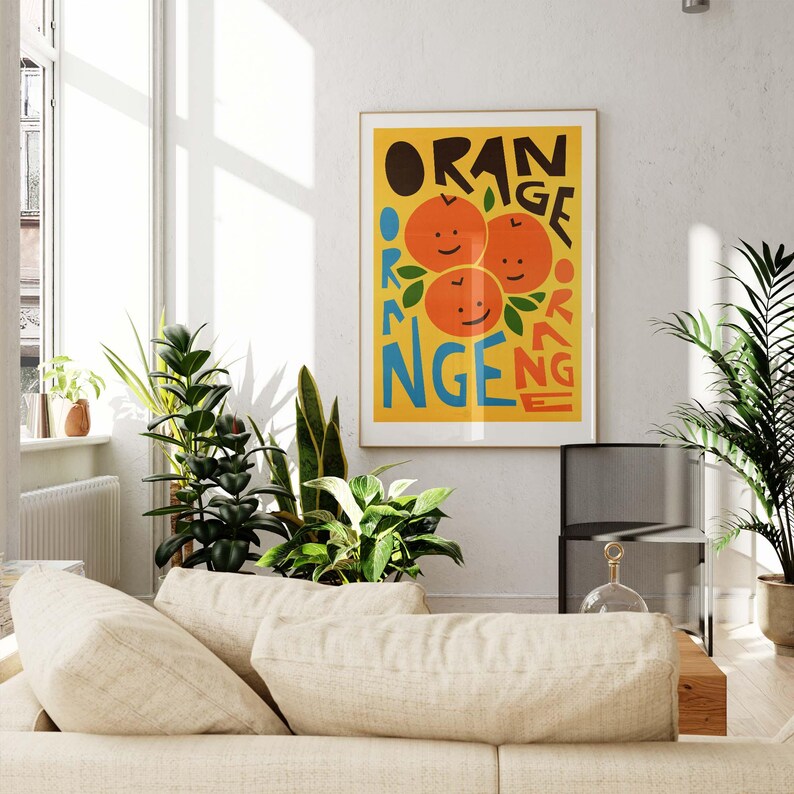 Orange Wall Art: Fruit Print for Kitchen, Retro Colourful Poster, Bright Breakfast Artwork image 3