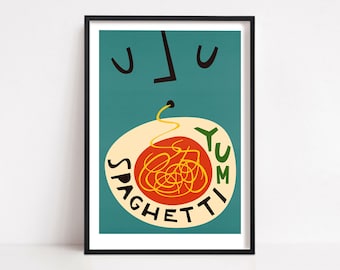 Spaghetti Print, Italian Food Art, Art Deco Food Poster, Mid Century Kitchen Gallery Wall Poster, Dining Room Art, Food Print Set