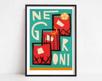 Negroni Print, Kitchen Decor, Cocktail Poster, Mid Century Modern, Prints Illustrations, Retro Kitchen Print, Alcohol Gift, Apertif Art