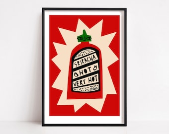 Hot Sriracha Print, Mid Century Faces and Eyes, Bold Wall Art for Living Room or Kitchen, Gift for Food Lover