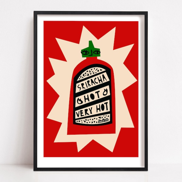 Hot Sriracha Print, Mid Century Faces and Eyes, Bold Wall Art for Living Room or Kitchen, Gift for Food Lover