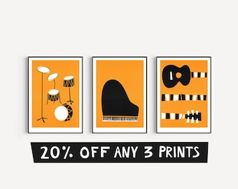 Juego de 3 láminas artísticas musicales: arte mural giclée combinable