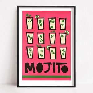 Stampa Mojito, Cocktail Art, Poster da Cucina, Poster di metà secolo, Cocktail al Lime, Regalo alcolico per BFF, Arte per la stanza del dormitorio, Regalo per gli amanti dei cocktail