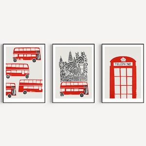 Set of 3 London Prints: Red Mid Century Art