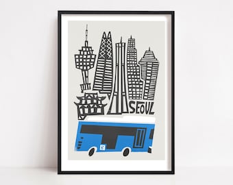 Seoul City Print, Retro Travel Art, Blue Bus, Travel and Transport, Mid Century Modern Print, City Art, Gift for Travel Lover