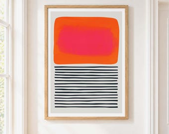 May include: A framed wall art print featuring a large, solid orange rectangle with a vibrant pink center section positioned above a series of thin, horizontal black lines set against a light gray background, all encased in a light wood frame.