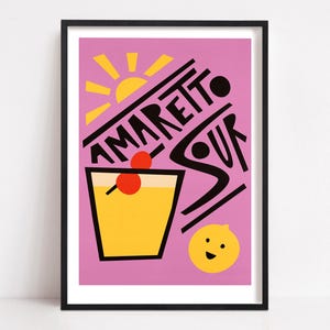 Amaretto Sour Cocktail Art, Hausbar Dekor, Mixology Art, Vintage Dekor, Retro Plakat für Küche, Geburtstagsgeschenkidee