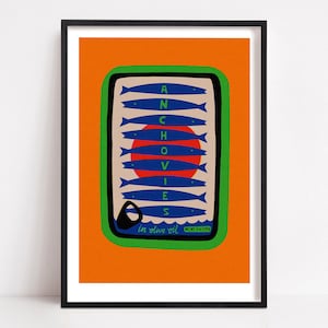 Anchovies Print: Retro Orange Fish Tin Packaging