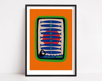 Anchovies Print: Retro Orange Fish Tin Packaging - Coastal Nautical Decor