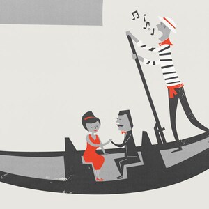 Venetian Gondola Illustration. Mid Century Style grey and red drawing of a couple on a gondola in Venice. Italy Honeymoon Gift Idea. image 2