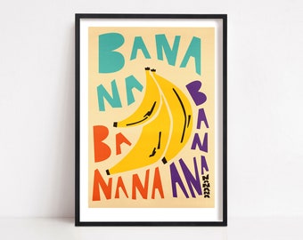 Banana Kitchen Print, Fruit Art, Food Decor, Retro Wall Decor, Gift for Foodie, Fruit Print, Kitchen Decor, Housewarming Gift, Mid Century