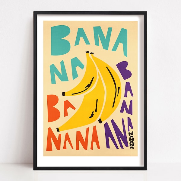 Banana Kitchen Print, Fruit Art, Food Decor, Retro Wall Decor, Gift for Foodie, Fruit Print, Kitchen Decor, Housewarming Gift, Mid Century