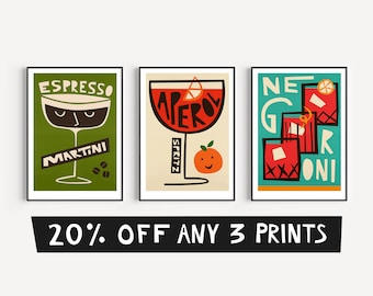 Any 3 Cocktail Prints, Gallery Wall Art, Mix and Match 3 Piece Cocktail Set by Fox & Velvet, Kitchen or Home Bar Decor, Set of 3 Posters