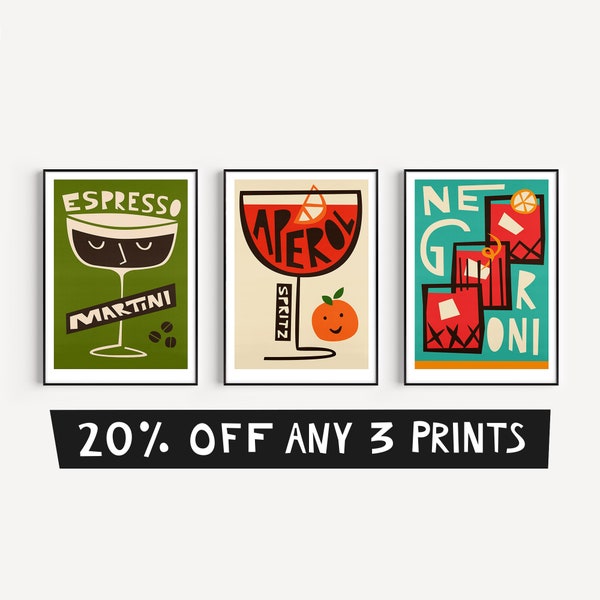 Any 3 Cocktail Prints, Gallery Wall Art, Mix and Match 3 Piece Cocktail Set by Fox & Velvet, Kitchen or Home Bar Decor, Set of 3 Posters