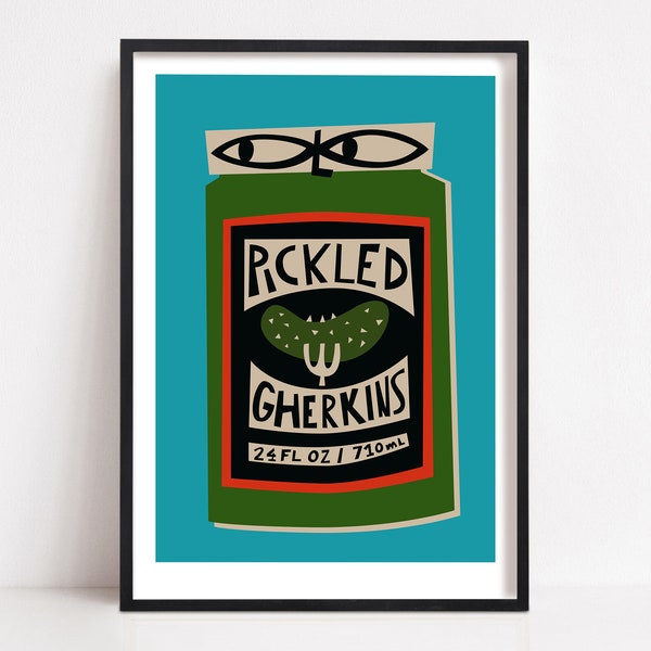 Pickled Gherkins Print, Food and Drink Mix and Match Wall Art, Mid Century Kitchen Inspiration, Vintage Food Packaging