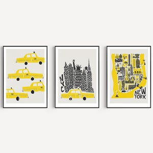 3er Set Manhattan NYC Prints - Manhattan illustrierte Karte, New York Stadtbild, gelbe Taxicabs Drucke, Reisen Galeriewand