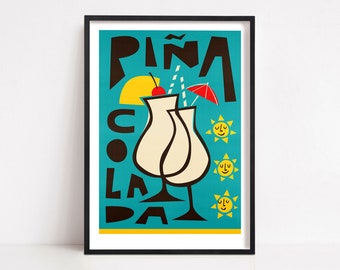 Piña Colada Print, Cocktails Poster, Kitchen Art, Alcohol Print, Boozy Gift, Foodie Gift, Housewarming, Mid Century Print, Retro Art