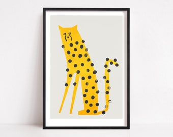 Affiche de guépard, impression de la faune safari, art mural animalier du milieu du siècle. Speedy Cheetah illustré dans un style rétro du milieu du siècle.