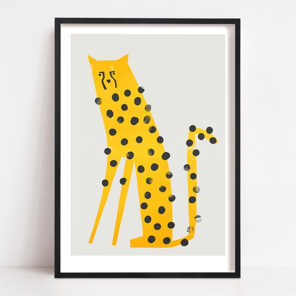 Cheetah Poster, Safari Wildlife Print, Mid Century Animal Wall Art. Speedy Cheetah illustrated in a retro mid-century style.