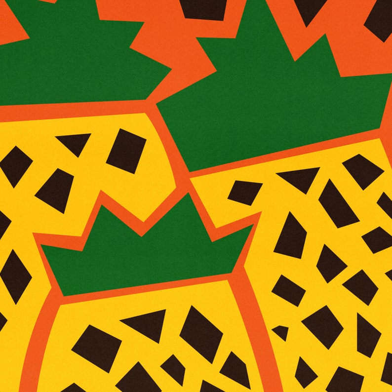 May include: Abstract geometric pattern with overlapping shapes in yellow, green, orange, and black. The design features a repeating pattern of pineapples with a textured surface.