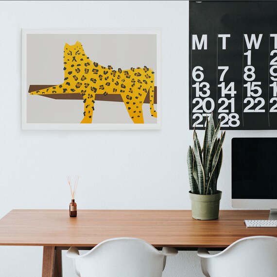 Leopard Print Big Cat Art Animal Poster Safari Wall Decor Orange Inspiration Living Room Bedroom Big Print Cat Illustration