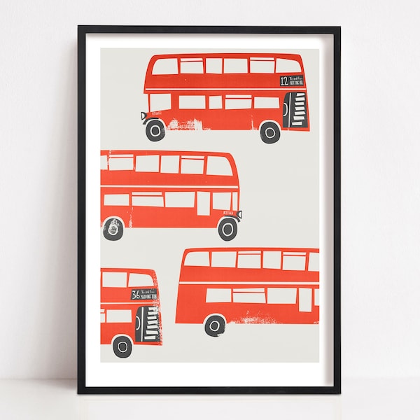 Impression de bus à impériale de Londres, affiche de transport de bus rouges pour la chambre d'enfants, art mural de chambre d'enfant de Londres, art de bus de Londres rétro