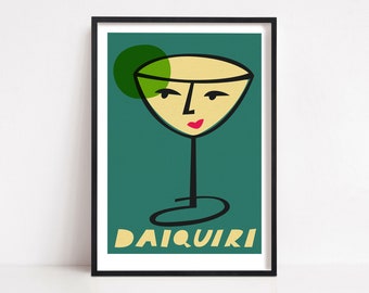 Daiquiri Cocktail Poster, Mid Century Kitchen Decor, Foodie Gift, Bartender Art, Home Bar, Dining Room Print, Boozy Gift, Rum Cocktail