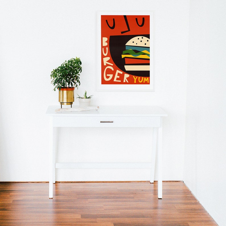 BFF Gift Idea Retro Food Poster Red Kitchen Print Beef Burger Art Apartment Art Living Room Decor Mid Century Modern Illustration