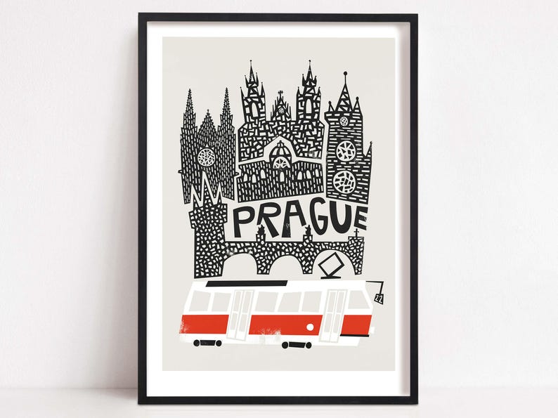 Prague Print: Czech Republic Travel Poster With Tram image 1