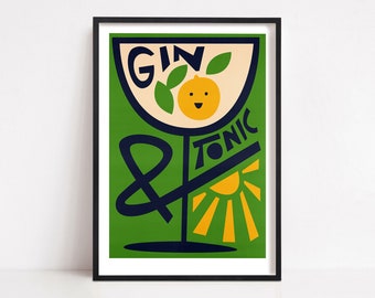 Gin & Tonic Kitchen Print, Cocktail Art, Mid Century Illustration Print, Retro Poster, Kitchen Decor, Bright Home Art, Drinks Print