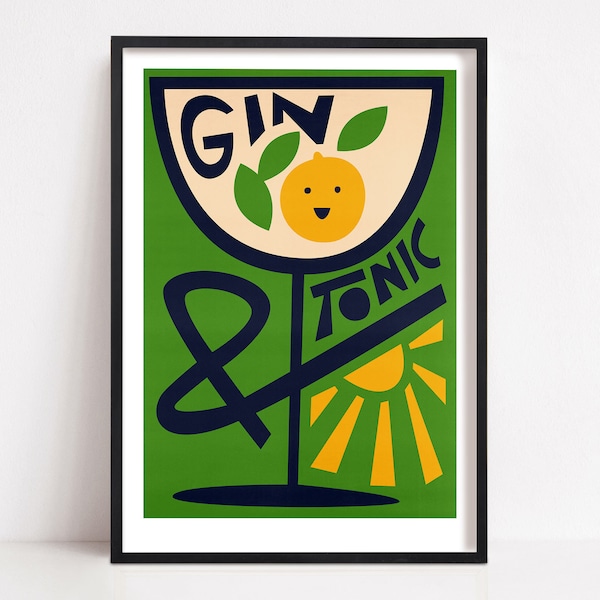 Gin & Tonic Kitchen Print, Cocktail Art, Mid Century Illustration Print, Retro Poster, Kitchen Decor, Bright Home Art, Drinks Print