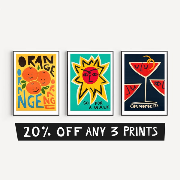 Set of 3 Prints, Mix and Match Print Set for Gallery Wall. Cocktail, Food, Music, Abstract, and Travel Prints by Fox & Velvet