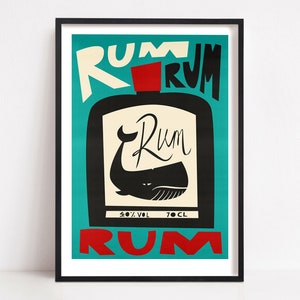 Rum Poster, Alcohol Sign, Mid Century Print, Retro Art, Foodie Gift, Boozy Gift, Whale Art, Gallery Wall, Rum Lover Gift